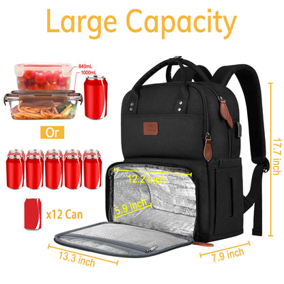 MATEIN Laptop Lunch Backpack, Picnic Backpack with Insulated Cooler Compartment, 17 Inch Ice Pack for Men and Women with USB Port, Lunch Bag for Camping Travel Business Work, Black