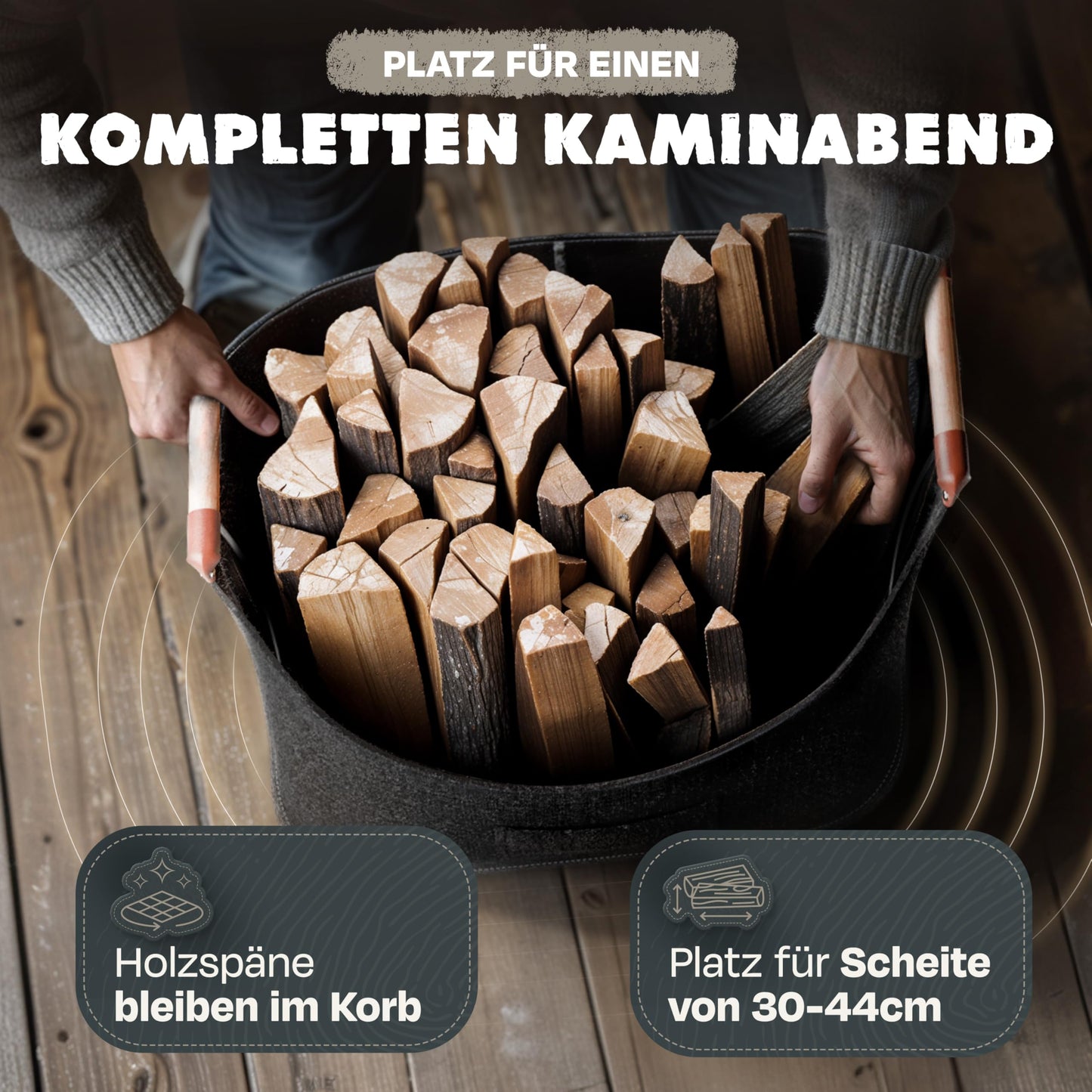 Xcelenze - XXL wooden basket for fireplace logs with wooden handle felt basket extra thick felt fireplace log basket felt bag foldable also as shopping basket car & storage basket for wood newspaper (dark gray)