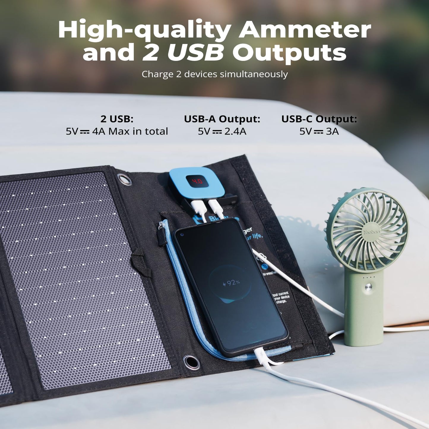 BigBlue 28W Portable Solar Charger with 2 ports (USB-C/USB-A), 5V/4A total output, IP44 solar panel with digital ammeter and zipper protection for devices like iPhone, Android, GoPro, and more.