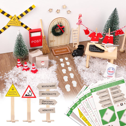 PRAY 52 Piece Elf Door Set with letters, construction site, mailbox, boots, wreath, ladder Elf Accessories Christmas Elf letters Christmas Elf Advent Calendar Children's Decoration