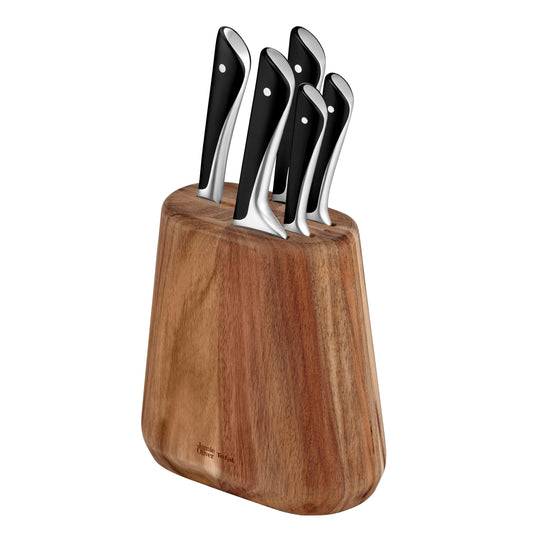 Jamie Oliver by Tefal 5-piece kitchen knife set + block, chef/santoku/bread/utility/paring knives, ice-hardened, German stainless steel blades, acacia wood block, Brown, K267S556