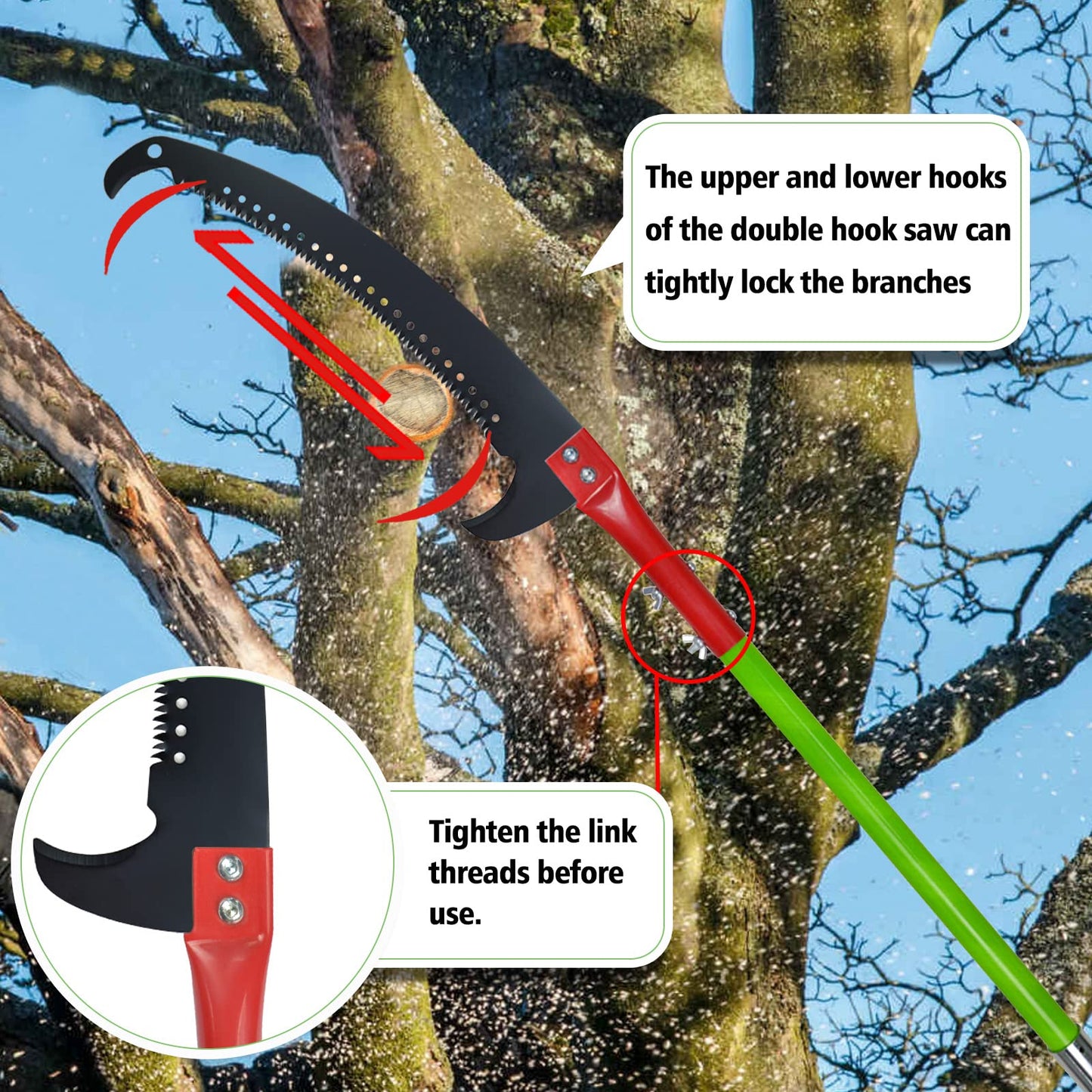 8m telescopic tree pruner with adjustable length handsaw, cuts cleanly and quickly for high branches. Includes carrying bag for easy transport. Great tool for garden maintenance.
