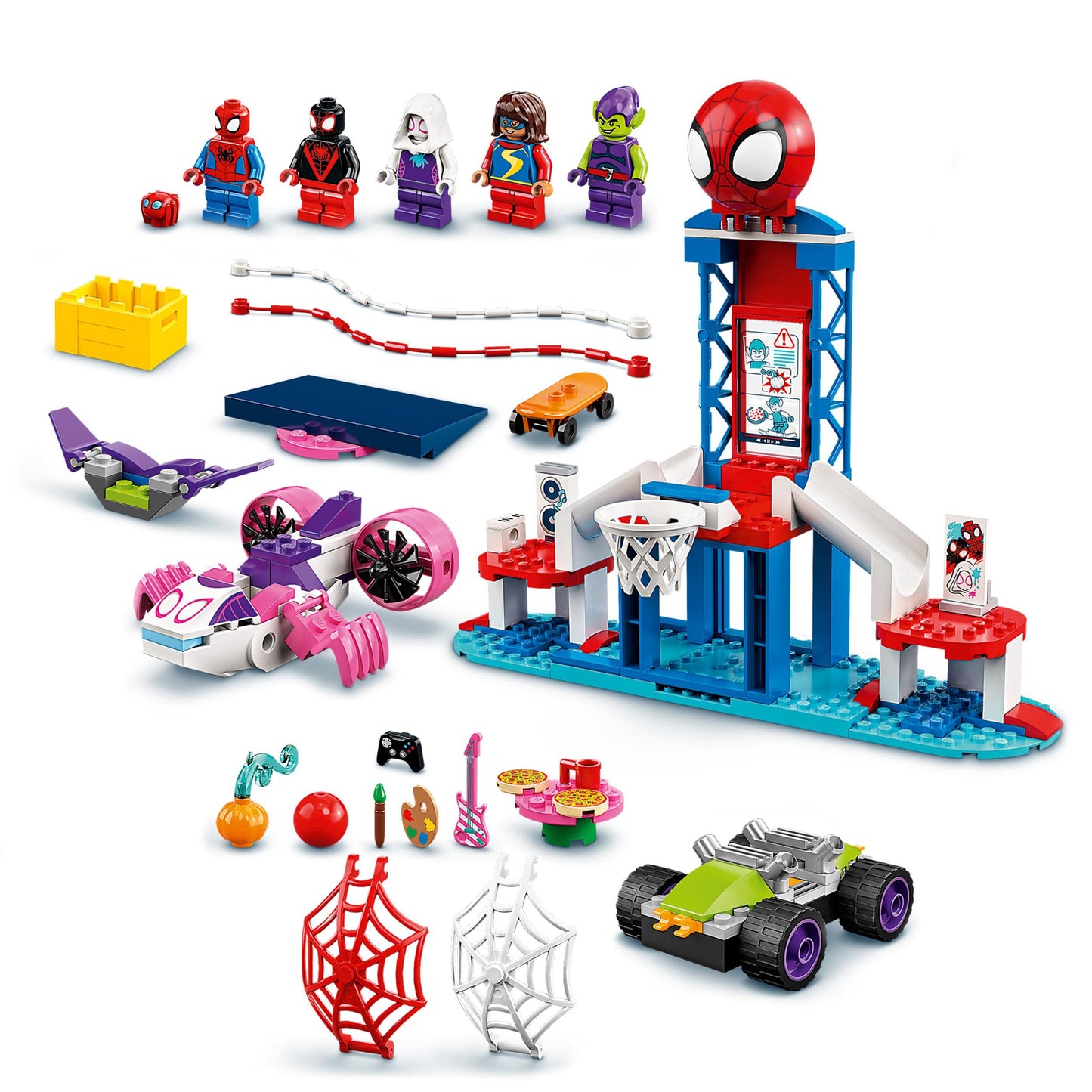 LEGO 10784 Marvel Spidey and His Super Friends Spider-Man's Headquarters, buildable toy with 2-in-1 car and plane, and 5 minifigures including Miles Morales, gift for kids.