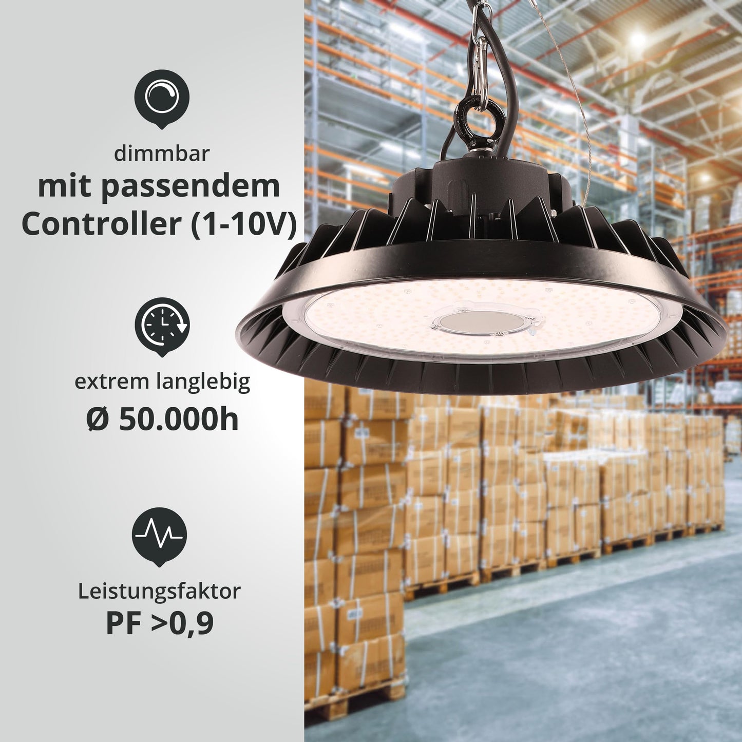 200W LED high bay warehouse luminaire with PREMIUM brand driver dimmable (1-10V) daylight white 6000K 30,000lm 150lm/W 120° IP65 UFO industrial lamp workshop lighting Ø324xH136mm 5-year warranty