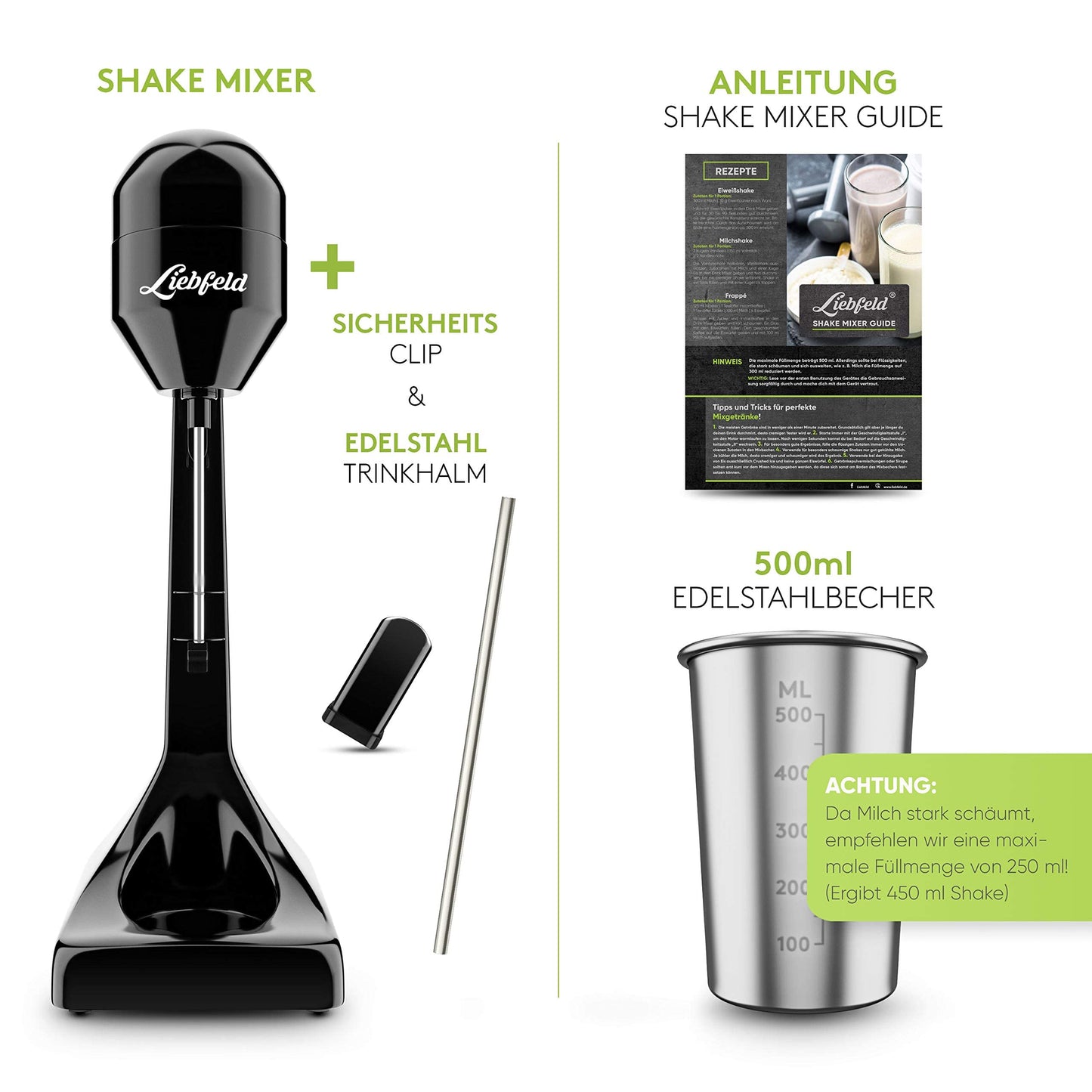 Beloved Protein Shaker Electric - Handheld mixer with 500ml stainless steel cup - Protein shake & milkshake mixer, fitness shaker, whey protein shaker, frappe mixer, smoothie maker 100W power