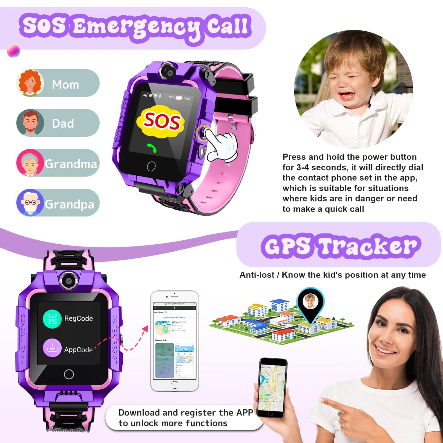 Children's GPS tracker smartwatch for boys and girls, 4G video & phone call with 360° rotation, kids GPS watch for 4-12 years old, Christmas & birthday gifts (T10 Purple)