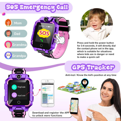 Children's GPS tracker smartwatch for boys and girls, 4G video & phone call with 360° rotation, kids GPS watch for 4-12 years old, Christmas & birthday gifts (T10 Purple)