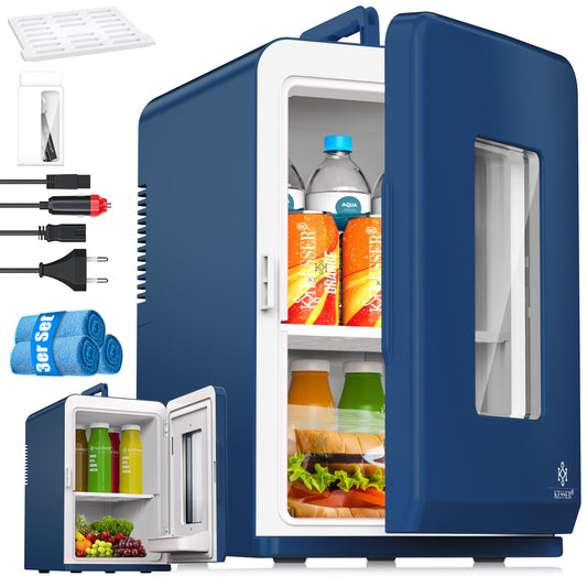 KESSER 2in1 Mini Fridge Cooler 15 liters with cooling and heating function. Portable with AC DC 220-240V/12V plug and car lighter. Keeps food warm. Perfect for car, office, room, camping, and garden in navy blue color.