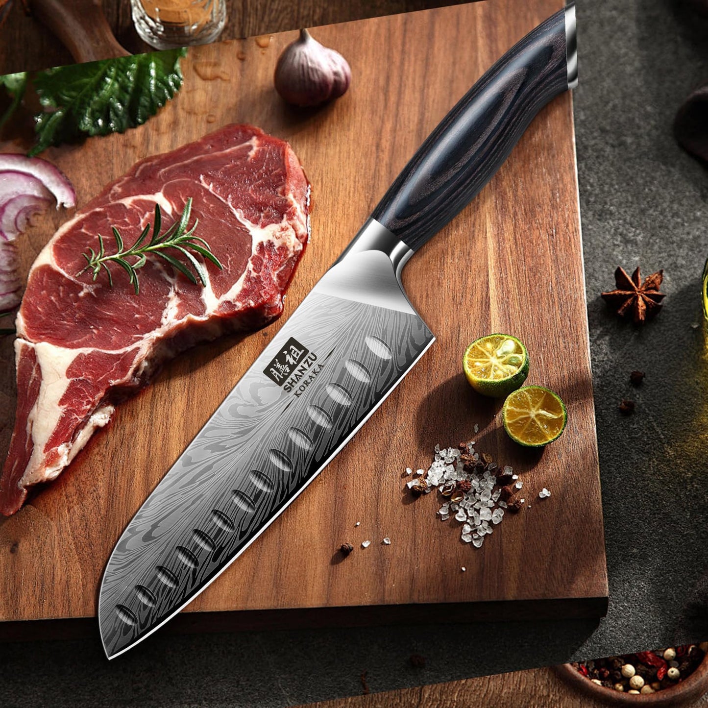 SHAN ZU Kitchen Knife made of powdered steel, Japanese Santoku Knife, 18 cm Professional Chef Knife with high carbon content, Sharp Kitchen Knife with ergonomic Pakkawood handle.