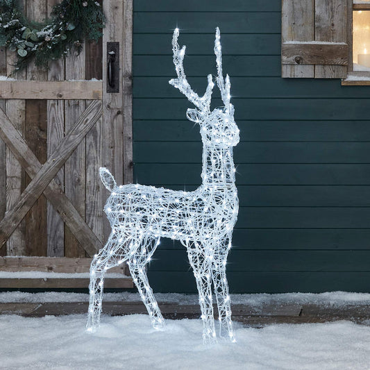 Lights4fun 120cm Swinsty LED Reindeer Figure Acrylic Christmas Decoration White Timer Outdoor and Indoor Reindeer Illuminated Outdoor