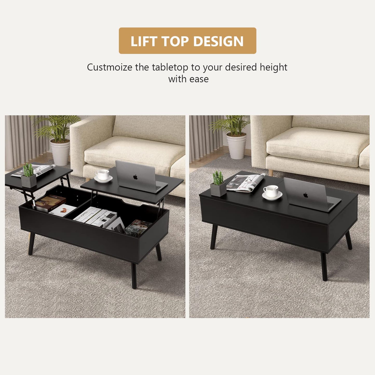 VOWNER Coffee Table, Adjustable Height Coffee Table, Extendable, Retractable Coffee Table, Separate Hidden Storage Compartment, Double Lift Top, Living Room Table, Black