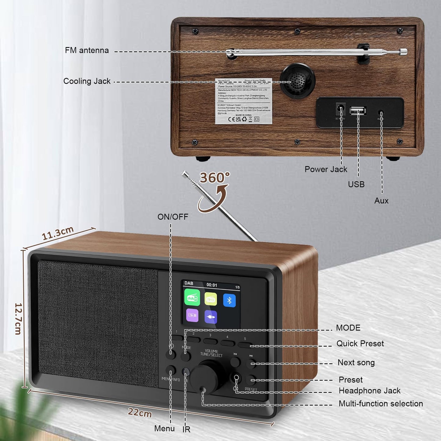 BIAOQINBO DAB Plus Radio/DAB+ with Bluetooth 5.0 FM Digital Radio Nostalgia Radios Portable Retro Radio Wood FM Radio Alarm Clock with Remote Control Kitchen Radio Dual Alarm Color Display Clock Radios