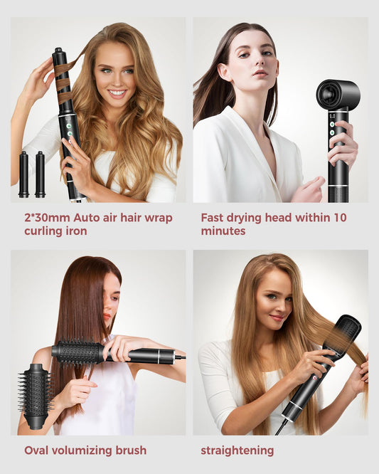 Air Styler 5 in 1, hair styler with 110,000 RPM hair dryer, 20m/s airflow, blow-dry brush, 320 million Ionic Hair Styler Set, auto curling iron, straightening brush, 340g lightweight, quiet, fast-drying.
