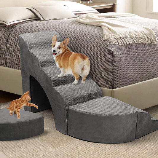 LitaiL Dog Stairs 74cm Tall for Boxspring Bed, Adjustable to Fit Each Side of Bed End, Multi-purpose Dog Ramp for Bed | Couch | Sofa, Non-slip Pet Stairs made of Foam for Dogs, Cats (Gray)