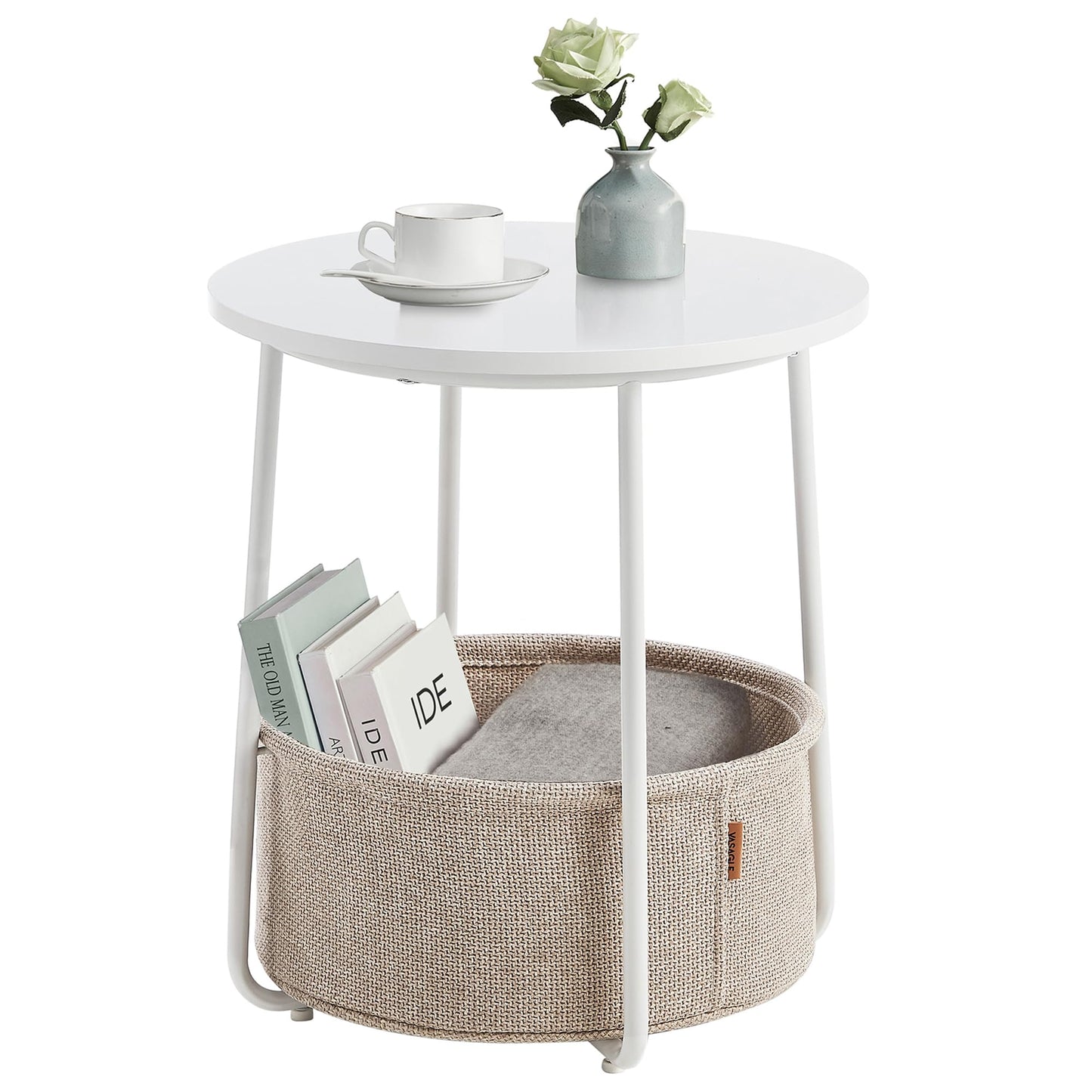 VASAGLE Round Side Table, Small Table, Small Coffee Table, Living Room Table, Fabric Basket, Storage for Living Room Bedroom, Modern Nightstand, Matt White-Camel Brown LET223W10