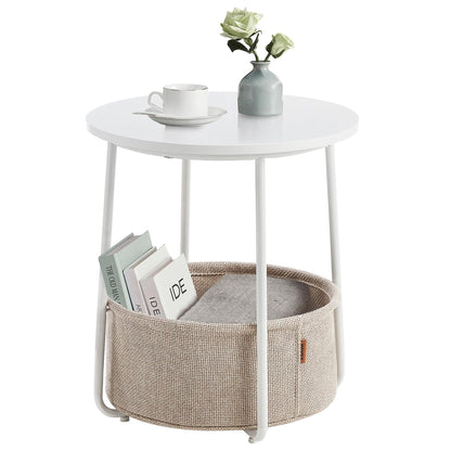 VASAGLE Round Side Table, Small Table, Small Coffee Table, Living Room Table, Fabric Basket, Storage for Living Room Bedroom, Modern Nightstand, Matt White-Camel Brown LET223W10