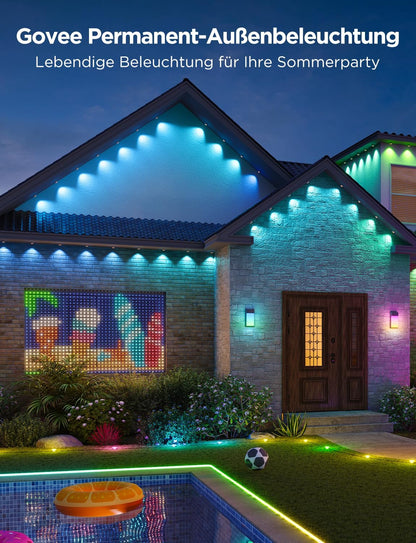 Govee Permanent RGBIC Outdoor Lighting with 72 Scene Modes, 45m with 108 LED Soffit Lights, IP67 Waterproof, for Party, Game Day, Daily Lighting, Works with Alexa, Google Assistant.
