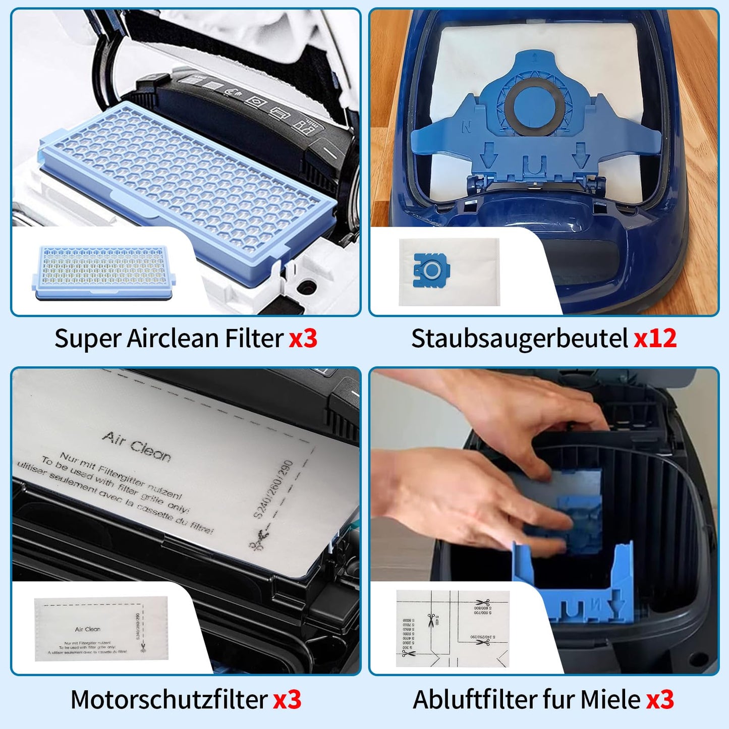 12 GN vacuum cleaner bags 3D dust bags compatible with Miele, GN dust bags compatible for Miele bags 3 HEPA filters 6 microfilters, Complete C2 C3 S2 S5 S8 for S4000, S5000, S6000 & S8000 series.