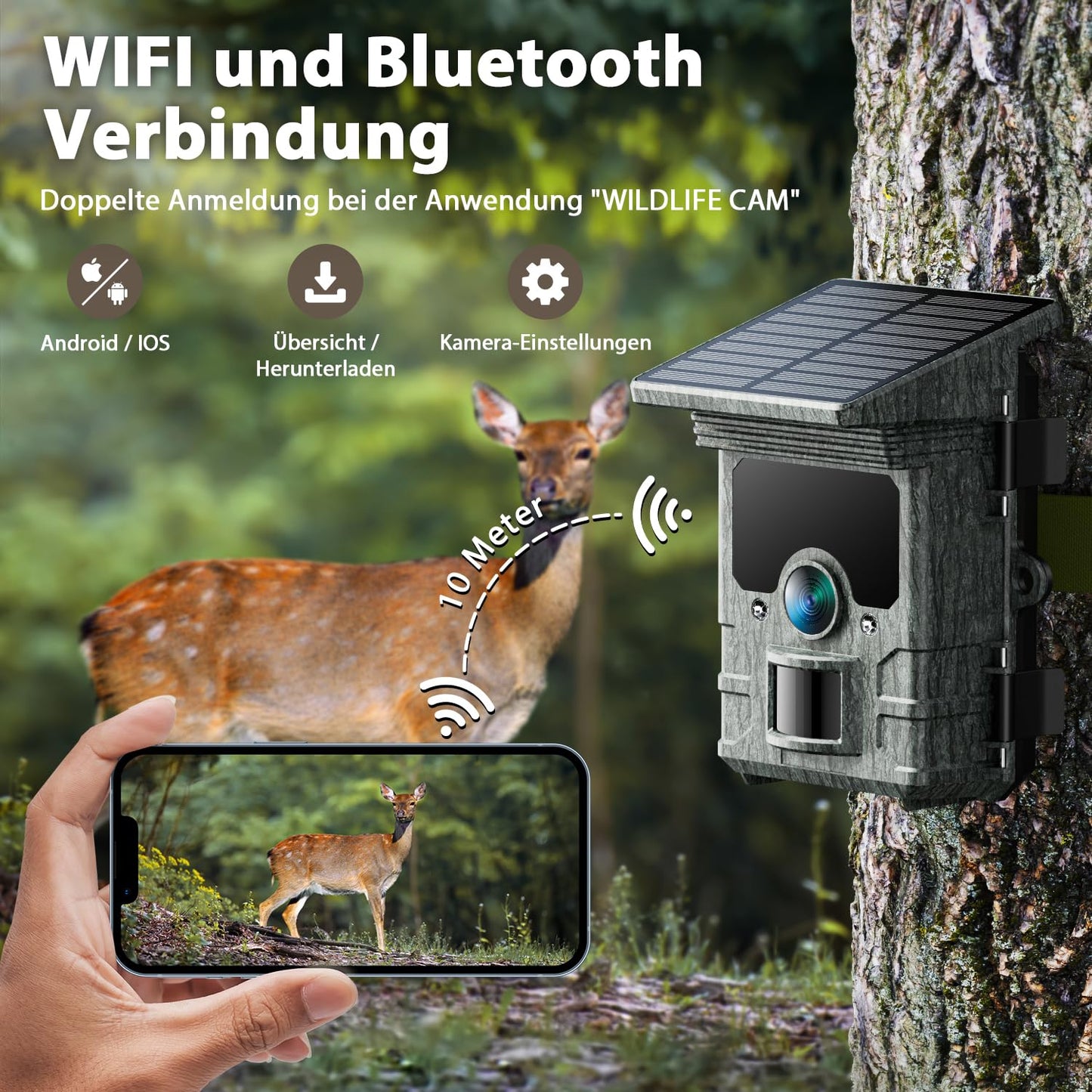 VOOPEAK Wildlife Camera Solar WiFi 4K 30fps 85MP, wildlife camera with mobile transfer APP, game camera with motion detector night vision 120° wide angle IP66 waterproof with 32GB Micro SD card