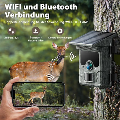 VOOPEAK Wildlife Camera Solar WiFi 4K 30fps 85MP, wildlife camera with mobile transfer APP, game camera with motion detector night vision 120° wide angle IP66 waterproof with 32GB Micro SD card