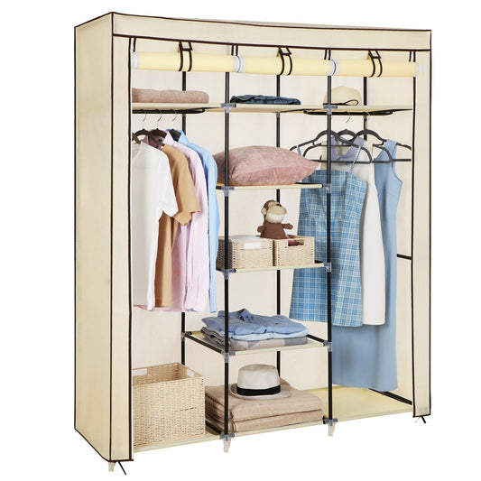 SONGMICS wardrobe, foldable fabric closet with 2 clothes rails, 175 x 150 x 45 cm, Beige RYG12M