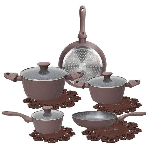 Tognana Cooking Circle Cacao Non-Stick Cookware Set with 2 pans, 3 pots, 3 saucepans, 8 pieces, Aluminum, Brown