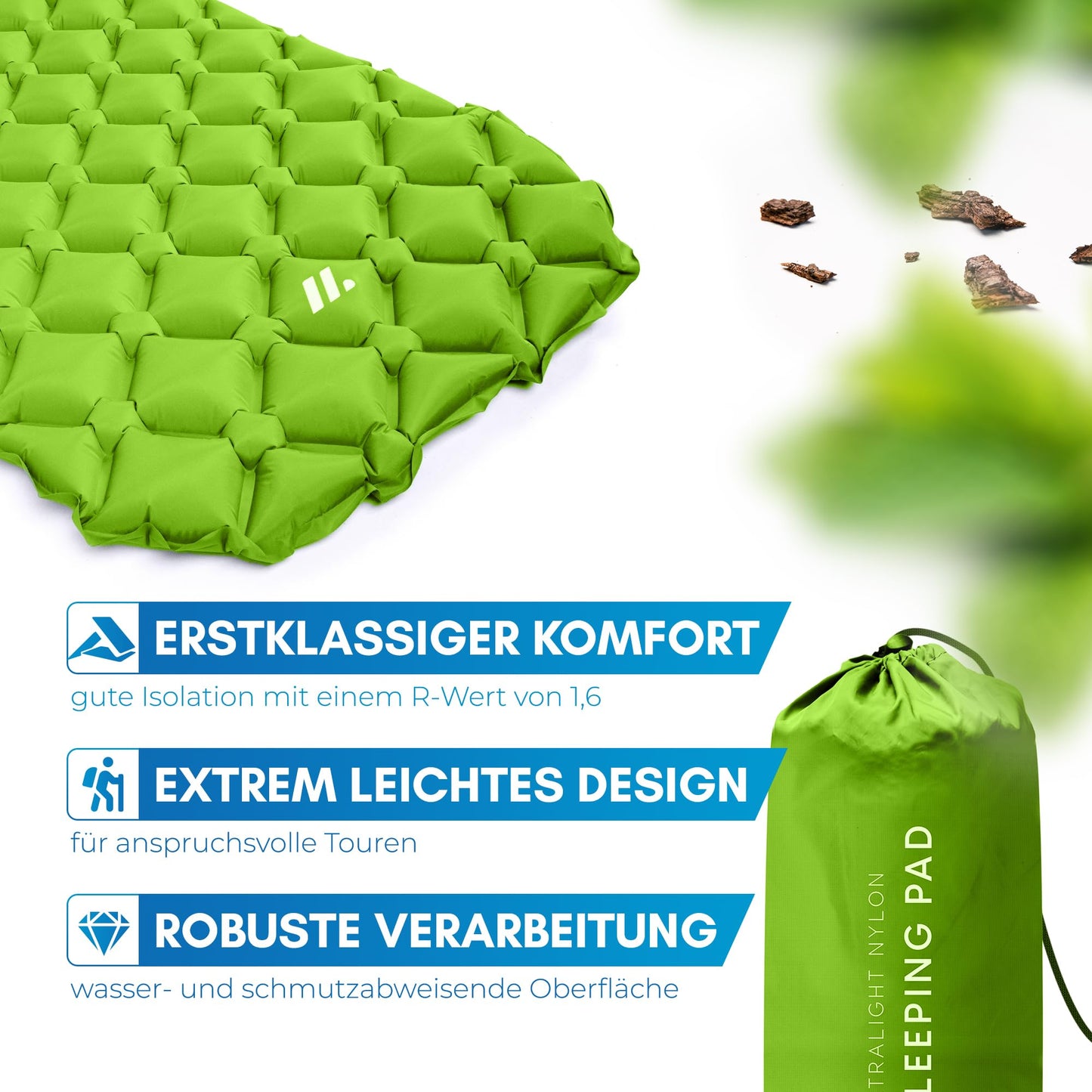 NORDMUT® 600g Ultralight Sleeping Pad [with Repair Kit] - Inflatable Camping Air Mattress compact pack size - Weatherproof Camping Mattress for Outdoor Tent & Festivals - Green