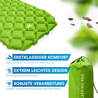NORDMUT® 600g Ultralight Sleeping Pad [with Repair Kit] - Inflatable Camping Air Mattress compact pack size - Weatherproof Camping Mattress for Outdoor Tent & Festivals - Green