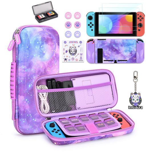 innoAura carrying case for Switch, 14-in-1 NS Switch accessory set with Switch bag, Switch protective case, Switch screen protector, Switch game storage, Switch joystick caps (Galaxy Purple)