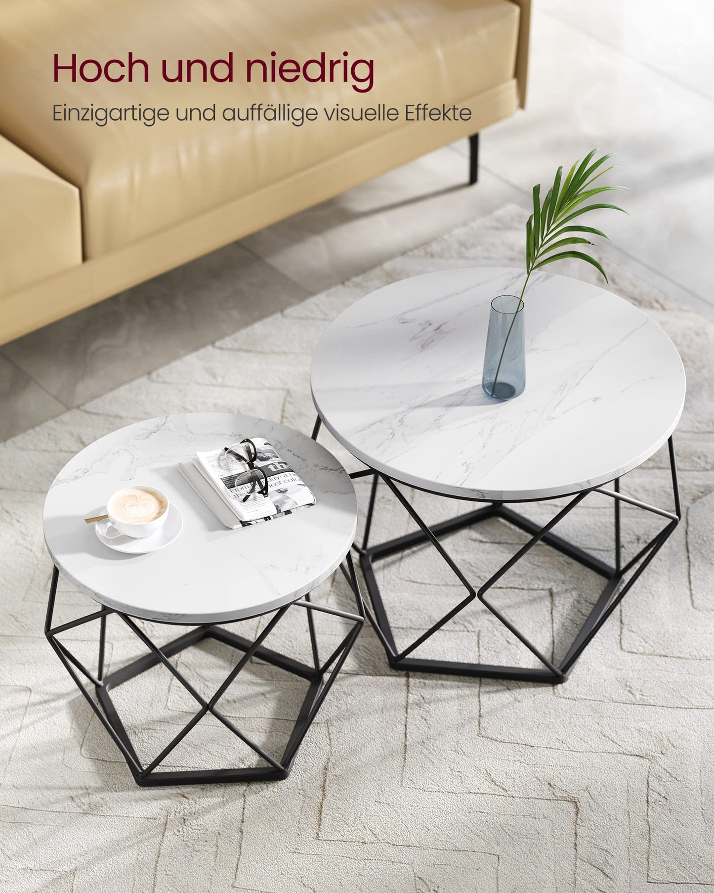 VASAGLE Round Coffee Table, Set of 2, Living Room Table, Side Table, modern design, removable tabletop, for living room, marble white-ink black LET040B59