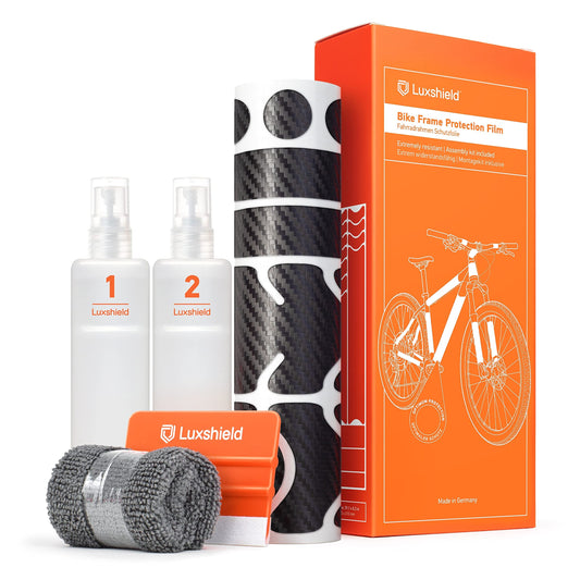 Luxshield bike paint protection film for mountain bike, BMX, road bike, touring bike etc. - 21-piece frame set against stone chips - carbon look & self-adhesive