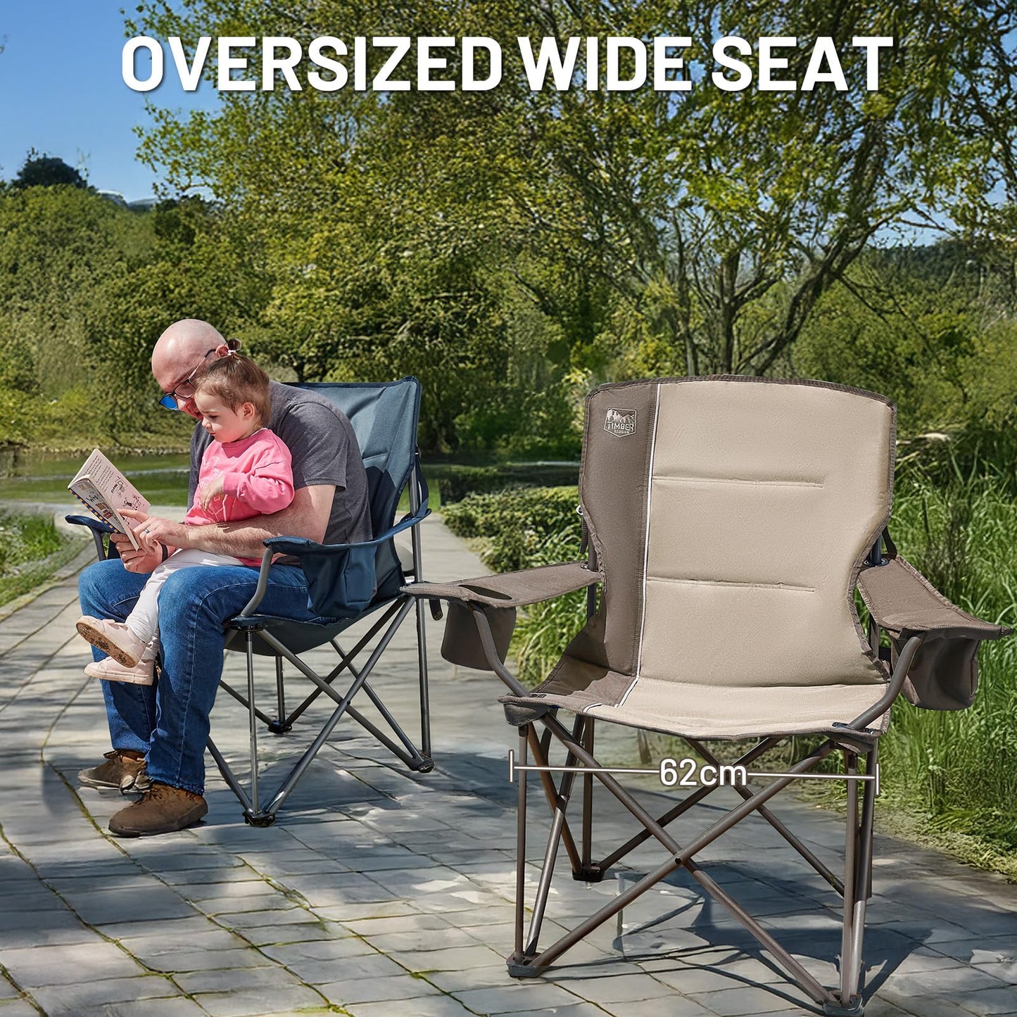 TIMBER RIDGE Folding Camping Chair 200KG Oversized 63cm Wide Seat Portable Camp Chair Comfortable Padded with Insulated Cooler Bag Camping Recliner Garden Chair Fishing Chair