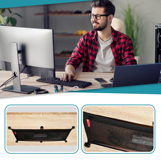 Cable Management Desk - Flexible cable channel desk for hiding cables with double-layered net and integrated pocket for storage (Black - 63 x 24 cm)