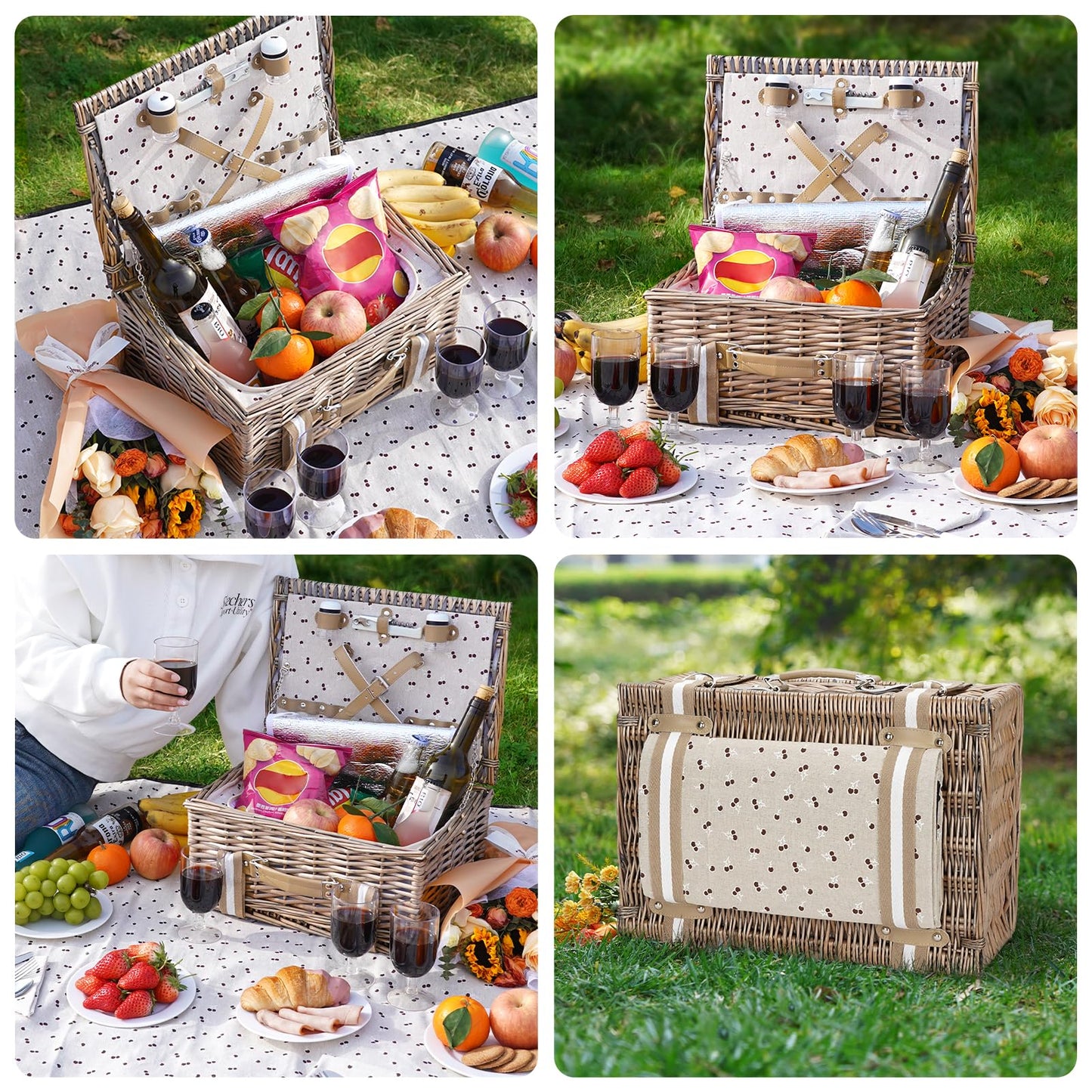 Picnic basket made of wicker for 4 people, with large insulated cooler bag and waterproof picnic blanket. Picnic set basket for camping, outdoor, Valentine's Day, Christmas, Thanksgiving.