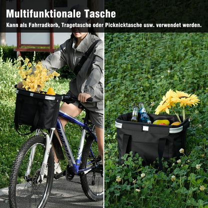 Pynhoklm Foldable Waterproof Bike Basket. Removable handlebar basket for small items, perfect for commuting, outdoor activities, and shopping. Comes with bike accessories.