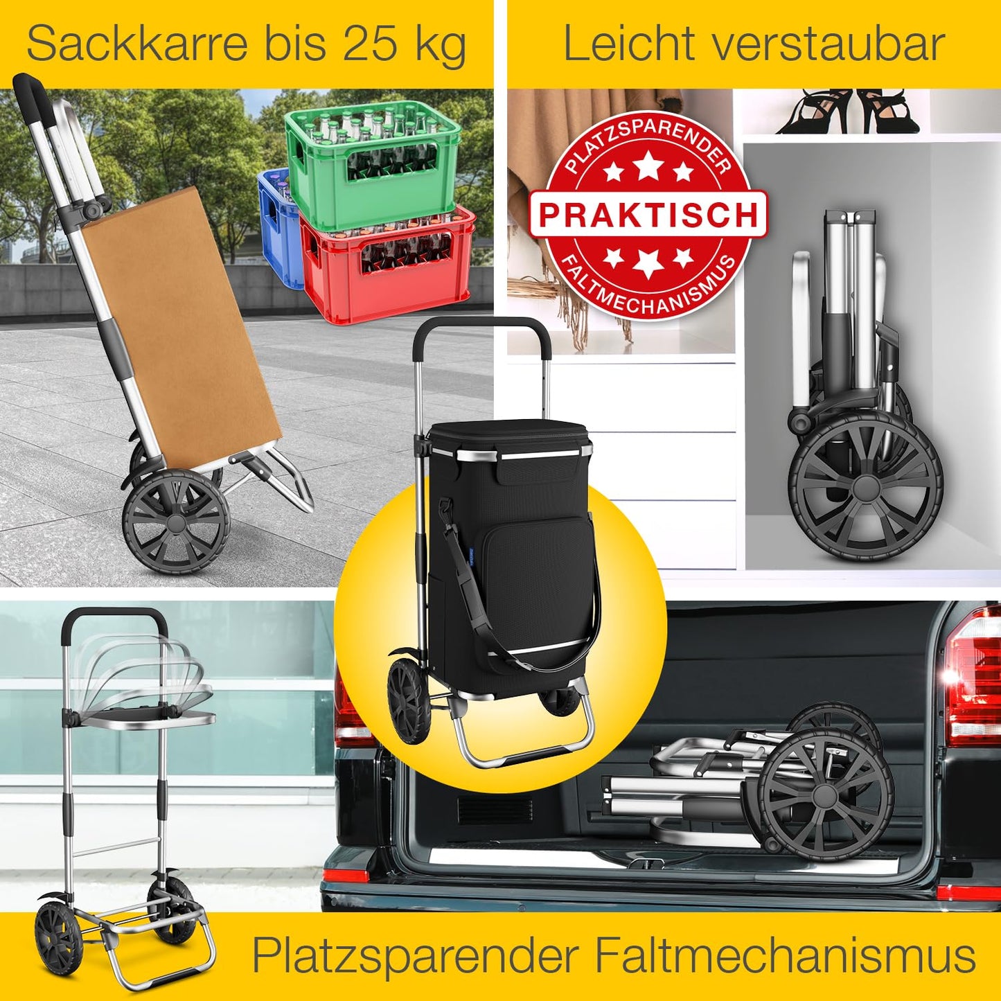ELONEO Folding shopping trolley with cooler bag, 3-in-1 trolley, hand truck & shoulder bag, shopping cart, 43L capacity & strap, black shopping trolley.