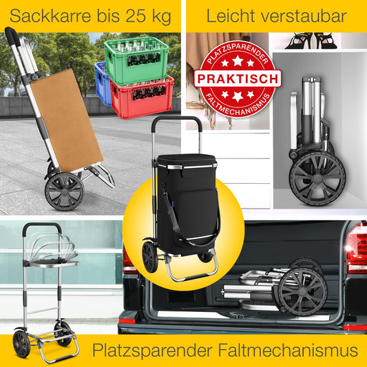ELONEO Folding shopping trolley with cooler bag, 3-in-1 trolley, hand truck & shoulder bag, shopping cart, 43L capacity & strap, black shopping trolley.
