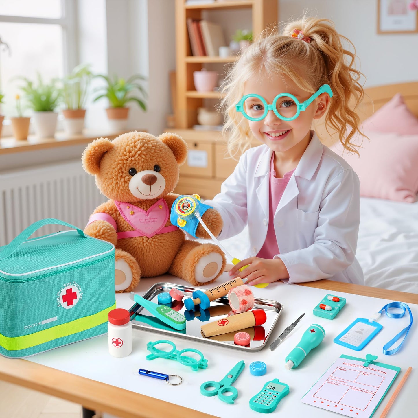 Peradix Doctor Kit for Kids 3 years and up - 39-piece wooden doctor's playset with real stethoscope, doctor's coat, thermometer, and portable bag. Perfect gift for kids aged 3, 4, 5, and 6.