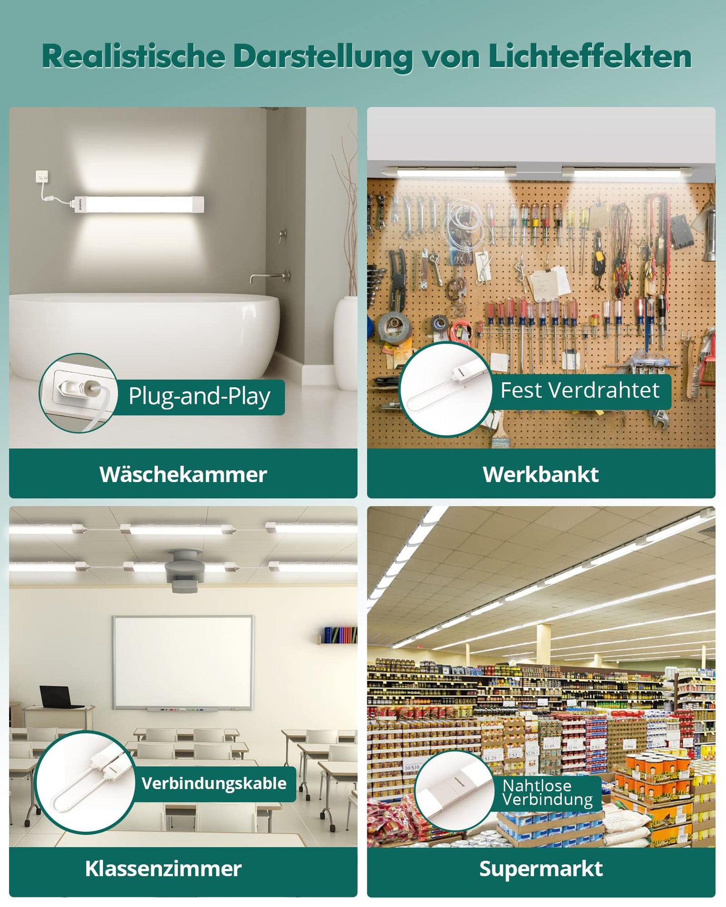 Moisture-proof LED light with plug 36W 4000LM 120CM Linkable Workshop lamp IP66 Waterproof Led tube light for garage cellar workshop Moisture-proof bathroom office warehouse hobby room, Neutral white 4000K.