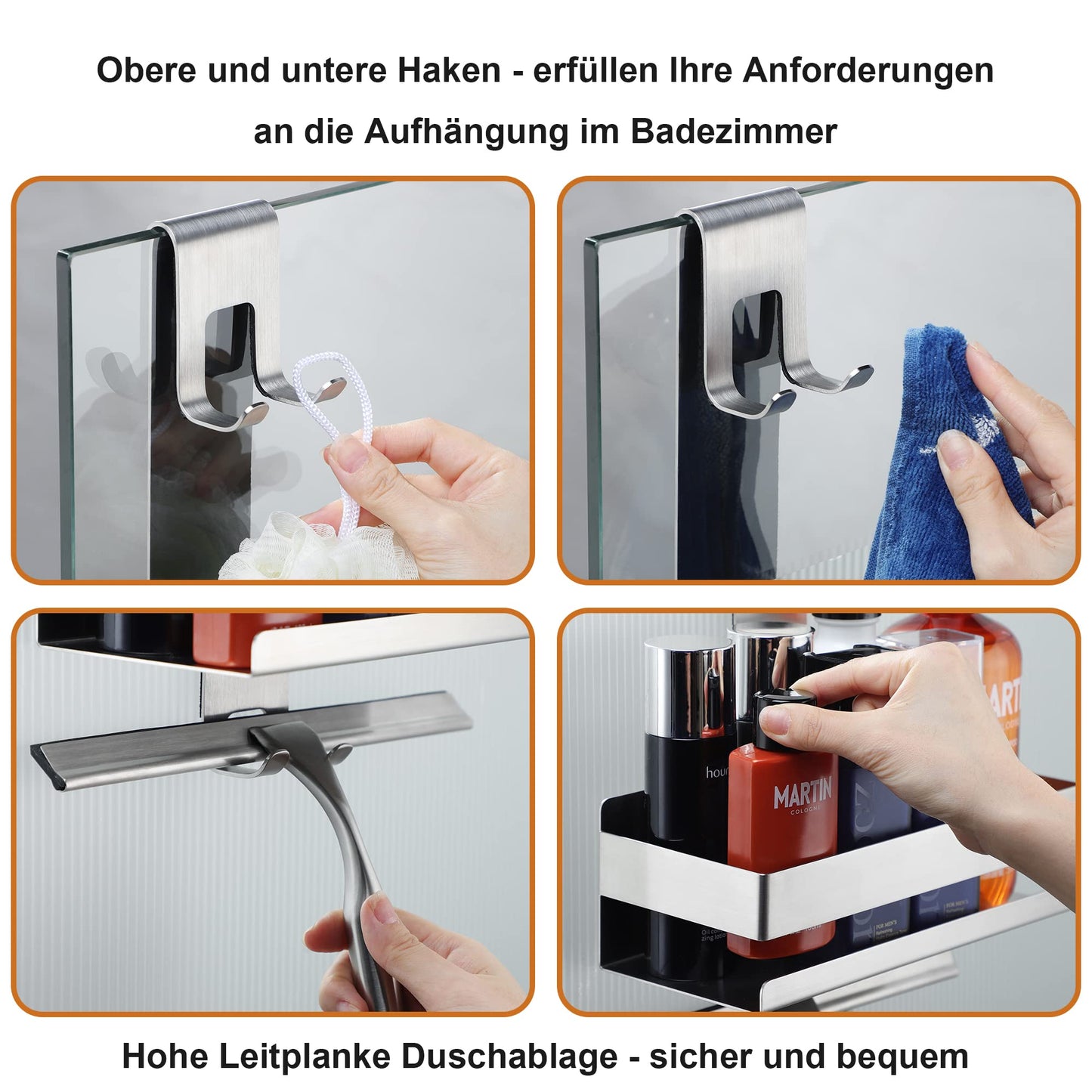 Cooeco hanging shower caddy - stainless steel shower basket for hanging on glass shower screen without drilling. Shower shelf shampoo holder with hooks for frameless glass door shower wall. No drilling required.
