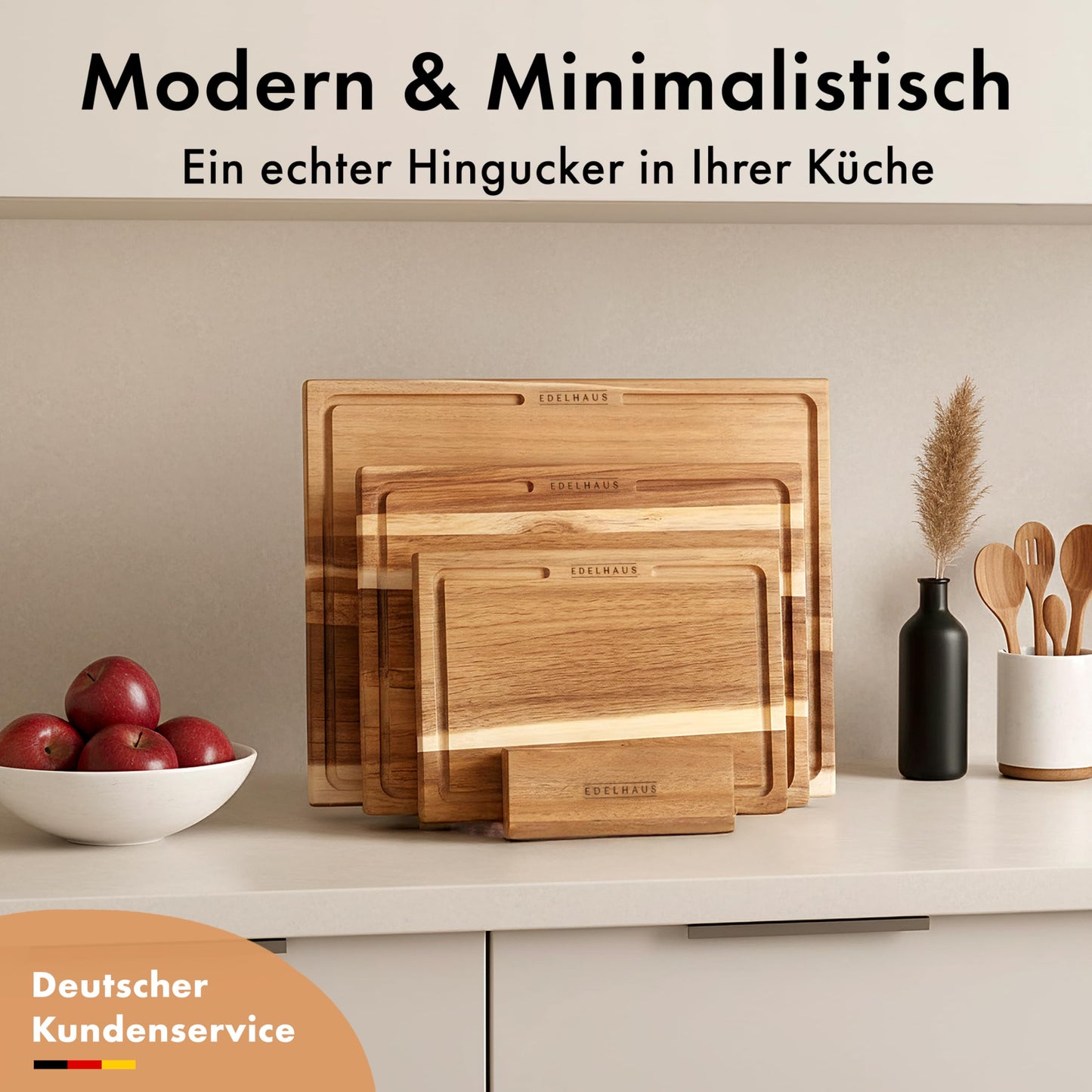 EDLEHOUSE Cutting Board Wood 3pc Set (40x30cm / 33x24cm / 26x18cm) Solid Acacia Wood Cutting Board - 2cm thick kitchen cutting boards with juice groove - Design Cutting Board Set