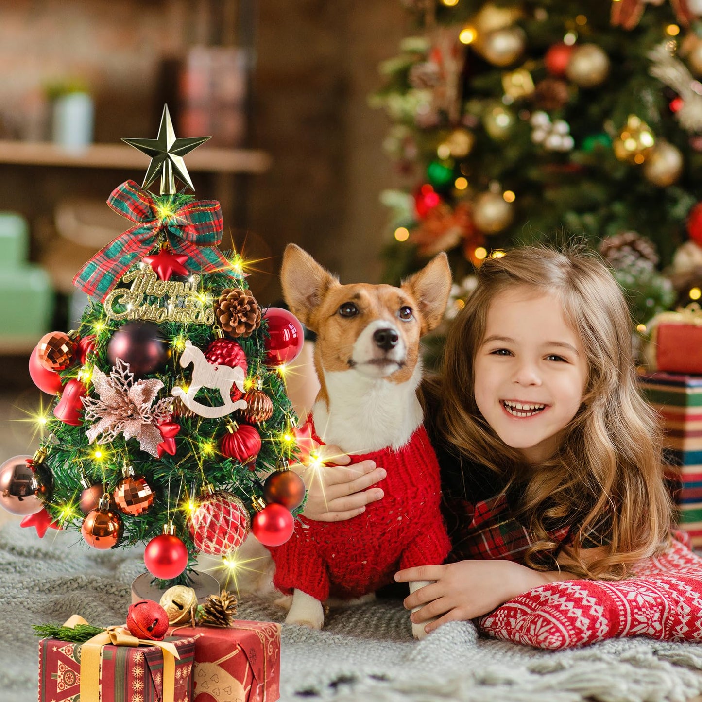 Artificial Christmas tree with 30 warm white LEDs 8 light modes KAMEUN 55CM Mini Christmas Tree Artificial, Flame Retardant PVC Pine Tree, Christmas Tree with Ornaments, Indoor Decoration