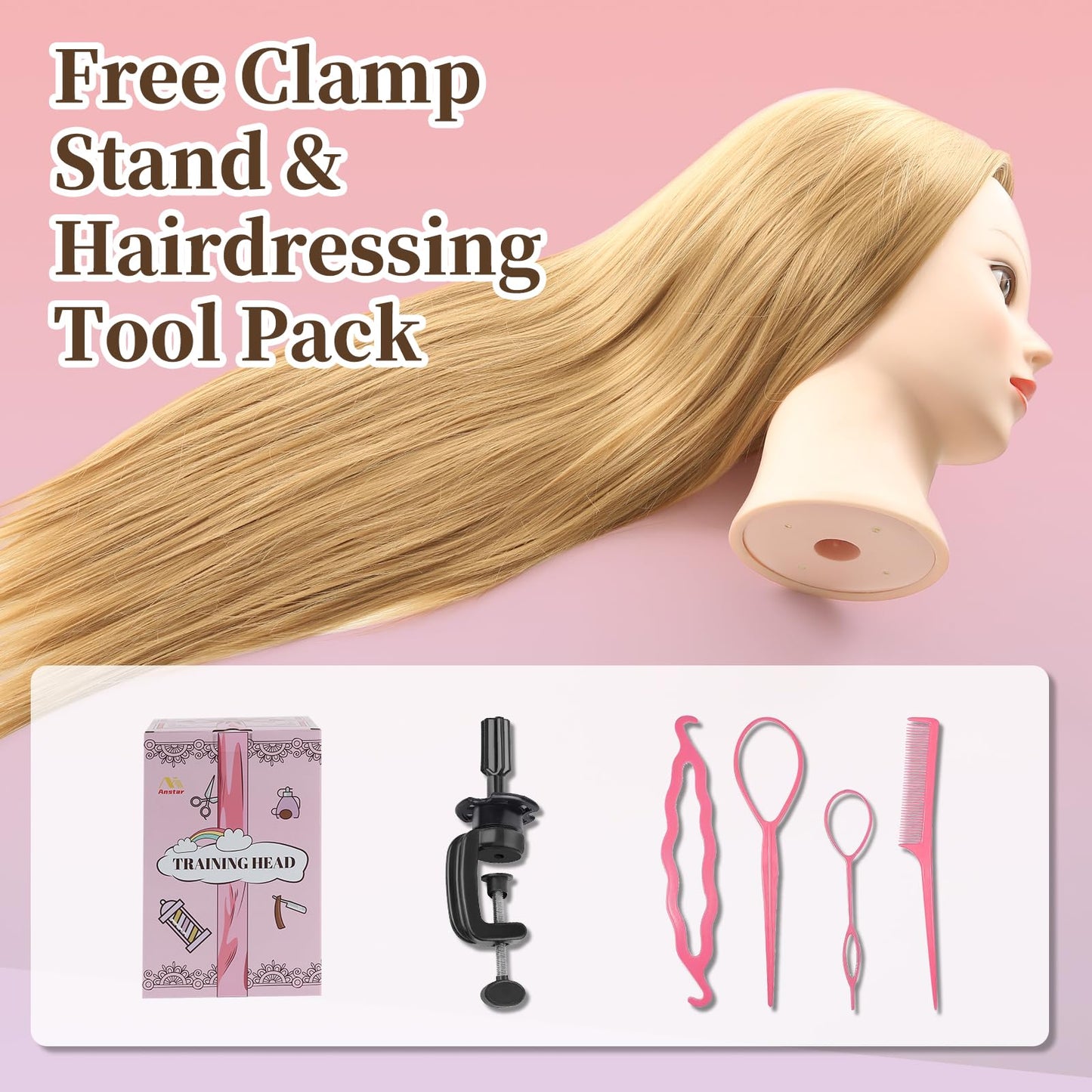 Mannequin Head Hairdresser Real Hair 100% Synthetic Hair Hairdresser Head Practice Head Hairdresser 26” Training Heads Doll Head Hairdresser Head With Stand + DIY Hair Set