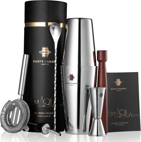 Rusty Barrel Bloomsbury Cocktail Set – Stainless Steel Cocktail Shaker Set with Jigger, Muddler, Bar Spoon & Accessories | Cocktail Mixing Set in Luxury Gift Box with Bag & Recipe Booklet