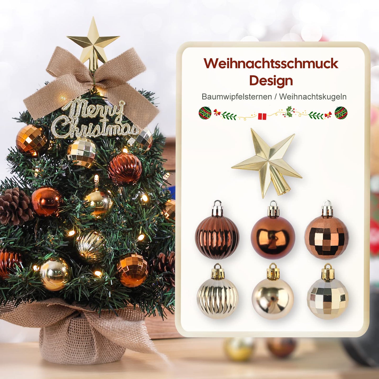 Mini Christmas Tree Small Christmas tree with LED lighting table Christmas tree small artificial decorated for Christmas decoration 40cm (Brown with Gold)