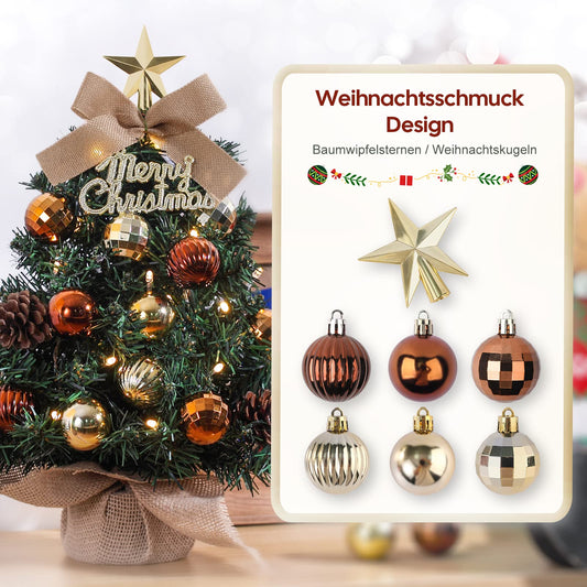Mini Christmas Tree Small Christmas tree with LED lighting table Christmas tree small artificial decorated for Christmas decoration 40cm (Brown with Gold)