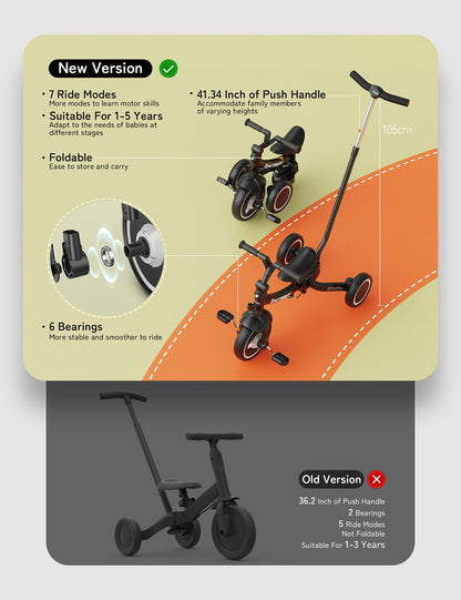 Besrey 7 in 1 Toddler Tricycle with steering handle for 1-5 years, foldable wheels, toddler bike with wheel coupling, larger wheels, detachable pedals, adjustable seat height, Black