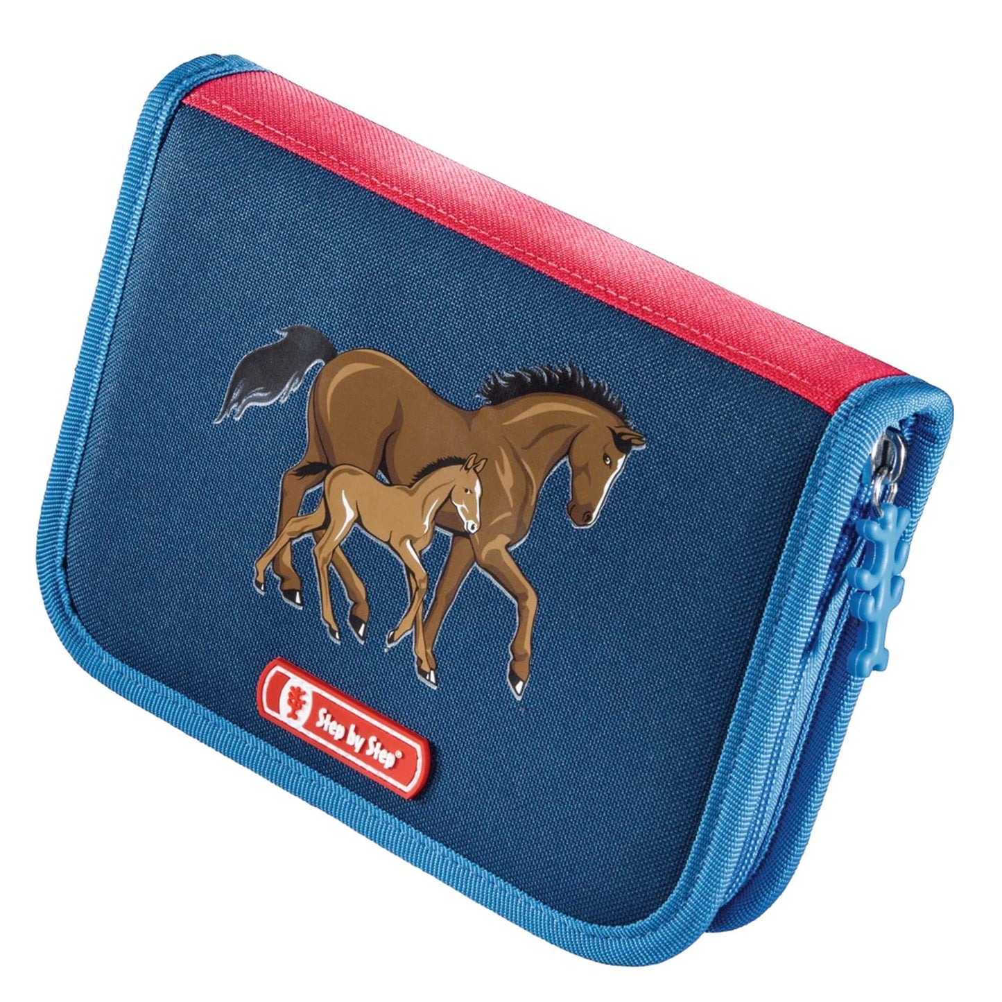 Step by Step School Backpack Set 2IN1 DIN "Horse Family" 4 pieces, blue-red, horses, ergonomic backpack with reflectors, adjustable height with hip belt for girls from 1st grade, 19L
