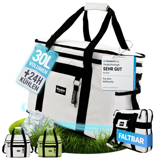 Five Dots Cooler Bag large 30l +24h cooling for shopping perfect for car & work - Insulated Cooler Bag Thermos Bag Lunch Bag & Picnic Bag - Large Cooler Bag - Men's Lunch Bag - Lunch Bag