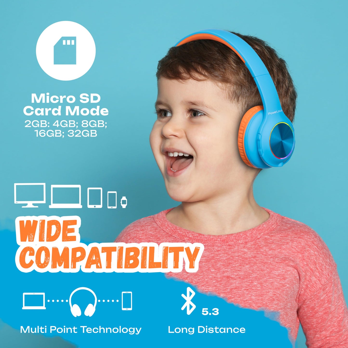 PowerLocus Kids Bluetooth Headphones, Wireless Headphones with LED Lights and 94DB Volume Limitation, Foldable Design, HD Stereo, Micro SD, Built-in Microphone for School/Laptop/Phone/TV